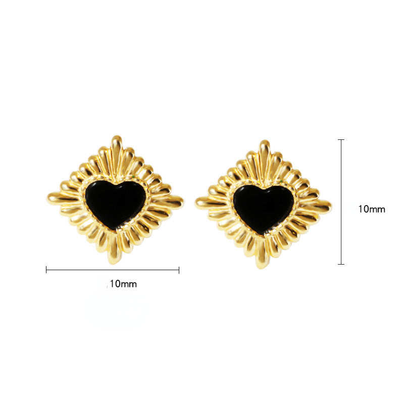 Vintage Style 18K Gold Plated Squared Stud Earrings with Heart Shaped Black Agate