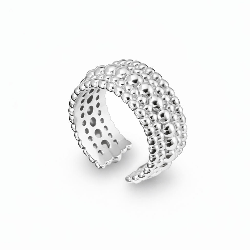 S925 Sterling Silver Wide Band Ring with Structured Layered Bubble Grid Texture for Women