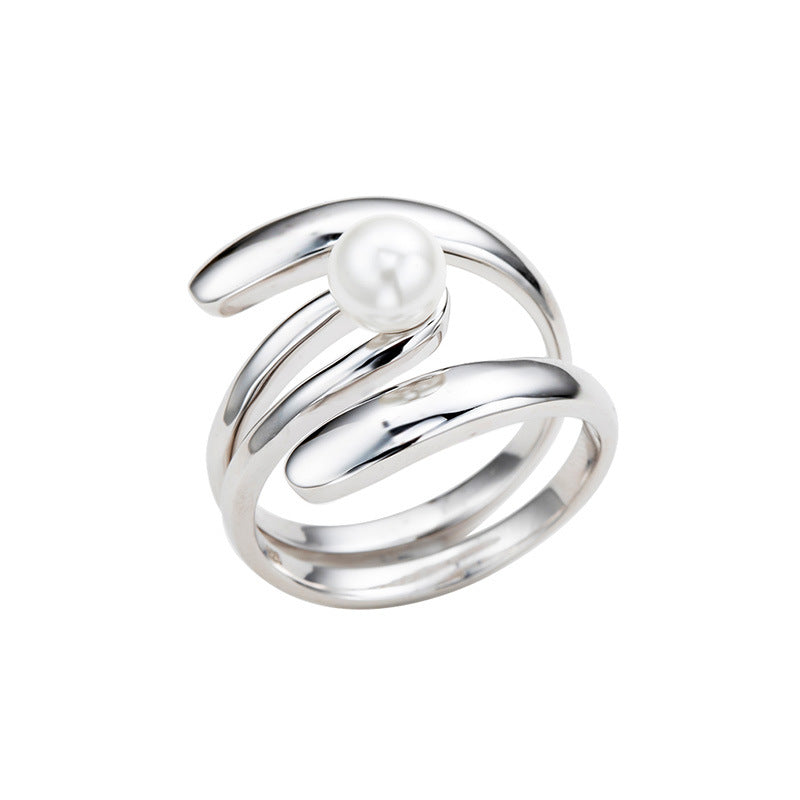 S925 Sterling Silver Irregular Sculptural Open Band Ring with Pearl Accent for Minimalist Styling