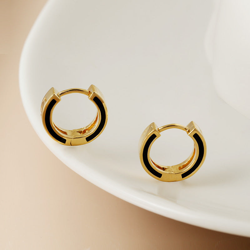 S925 18k Gold Plated Hoop Earrings with Black Glaze