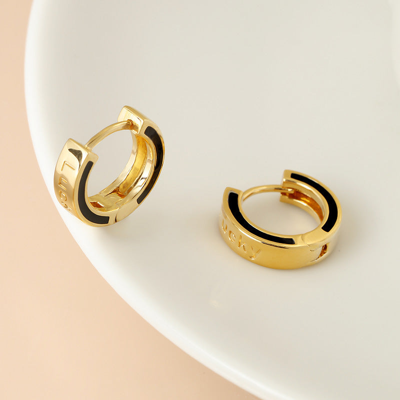 S925 18k Gold Plated Hoop Earrings with Black Glaze