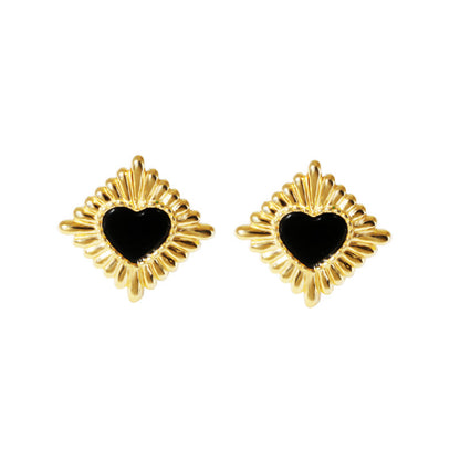 Vintage Style 18K Gold Plated Squared Stud Earrings with Heart Shaped Black Agate