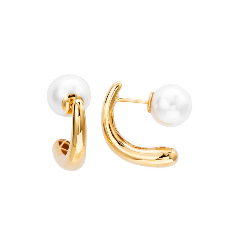 Minimalist Curved Double Band Faux Pearl Earrings