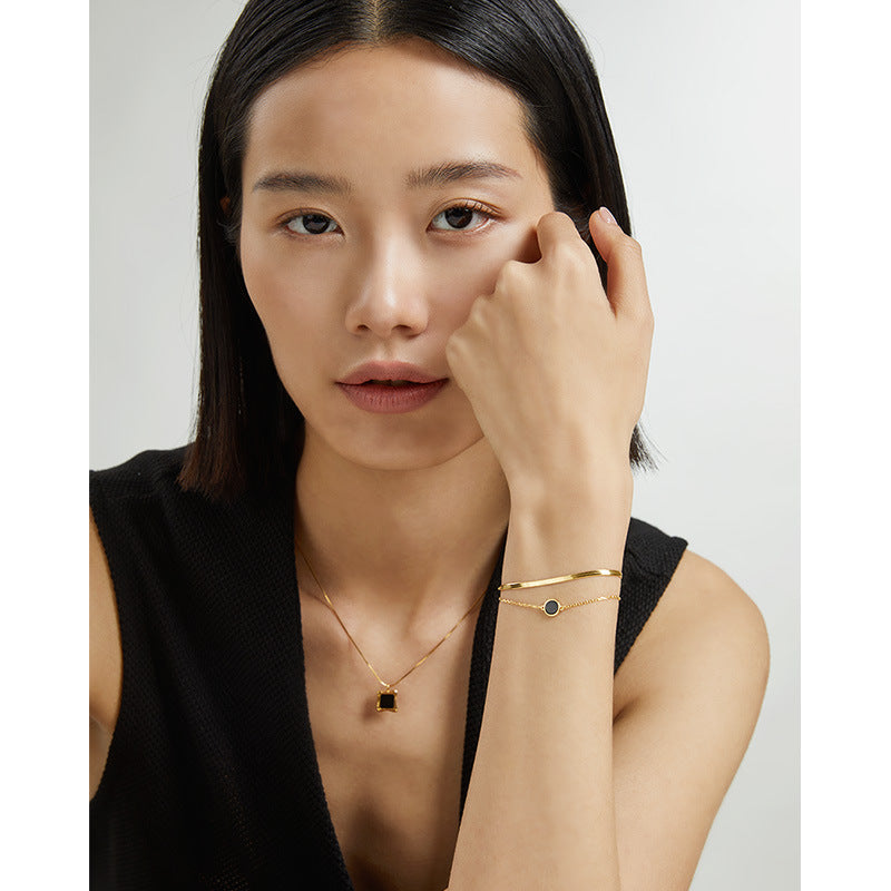 Minimalist Double Layered Serpentine Chain Bracelet with Birthday Stone Black Agate