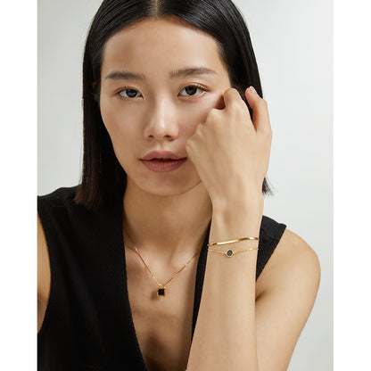 Minimalist Double Layered Serpentine Chain Bracelet with Birthday Stone Black Agate