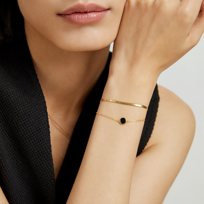 Minimalist Double Layered Serpentine Chain Bracelet with Birthday Stone Black Agate