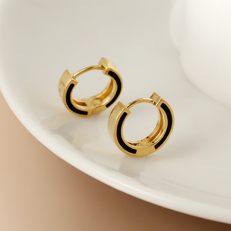 S925 18k Gold Plated Hoop Earrings with Black Glaze